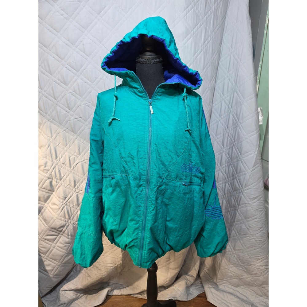Vtg. Adidas Mens Teal Purple Quilted Windbreaker Hooded Jacket XL Trefoil Logo